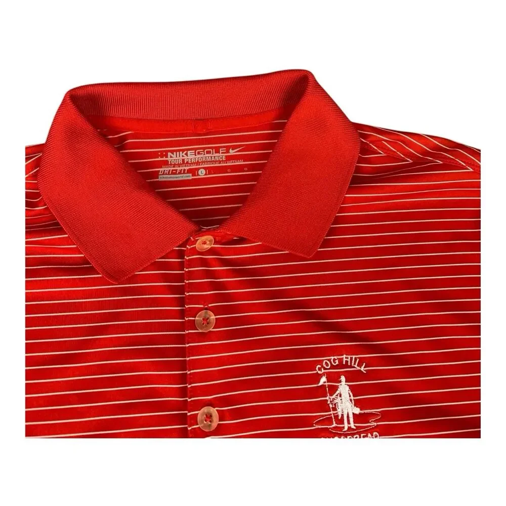 Nike Golf Dri-Fit Men's Large Golf Polo Red Striped Tour Performance, Cog Hill